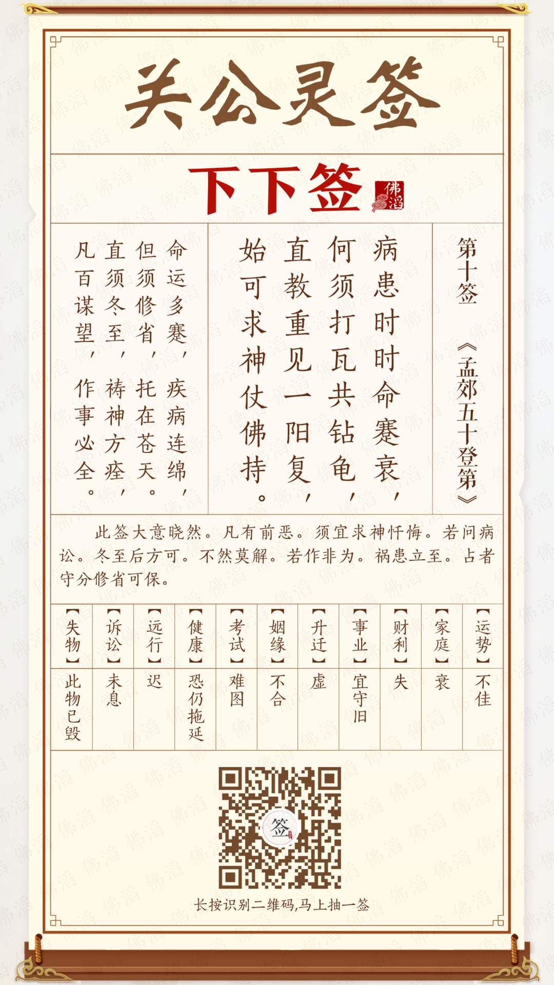 关公灵签第10签 关公灵签第10签