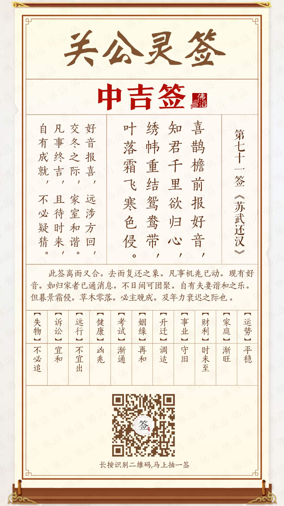 关公灵签第71签 关公灵签第71签